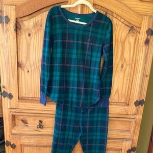 Women Old Navy green blue red plaid thermal 2 piece pajamas size L